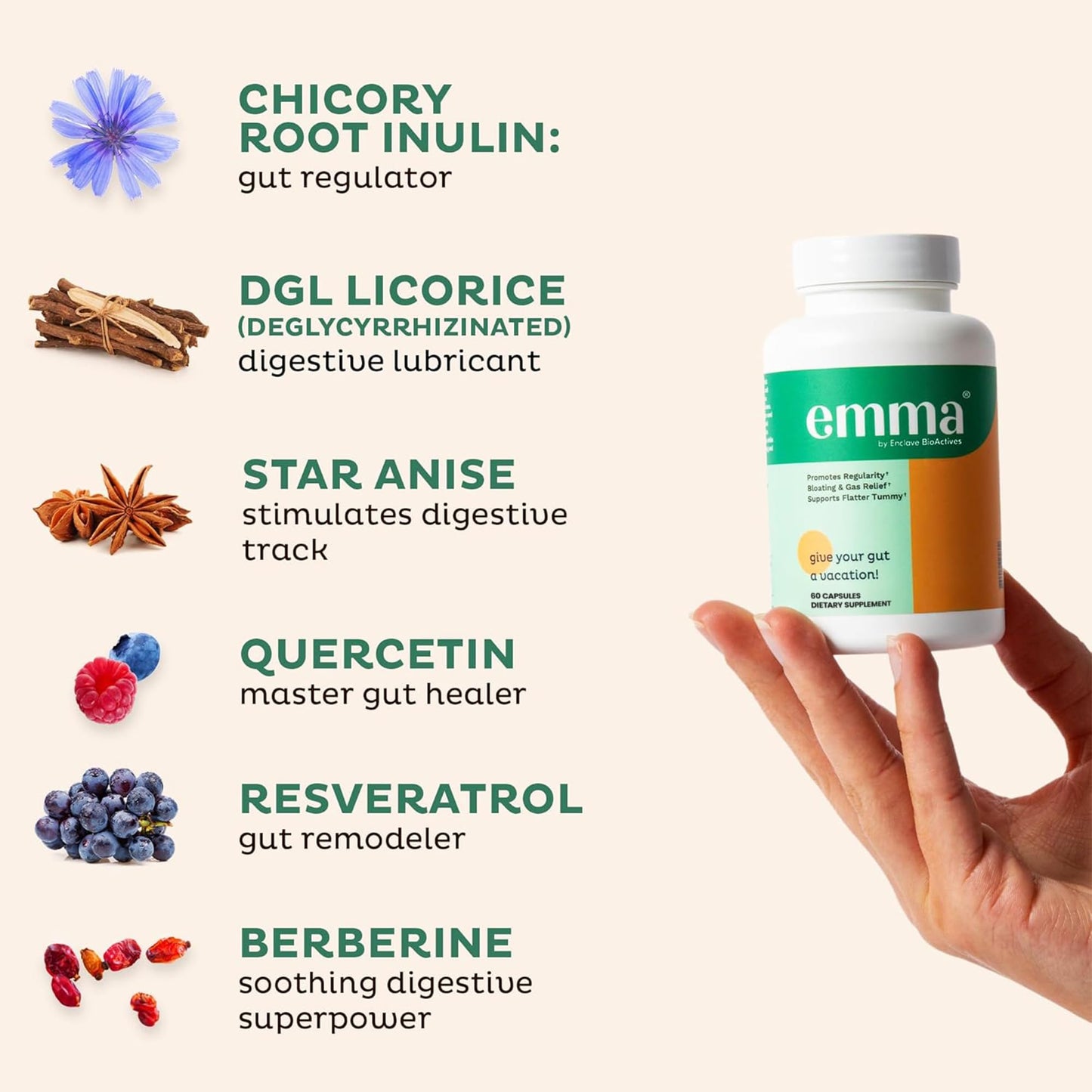 Emma Gut Health Doctors Endorsed Supplement - 60 Capsules - Relief from Gas and Bloating, Repairs Leaky Gut with Magnesium, Berberine, Vitamin D, Quercetin & More - Gut Health & Colon Cleanse Formula