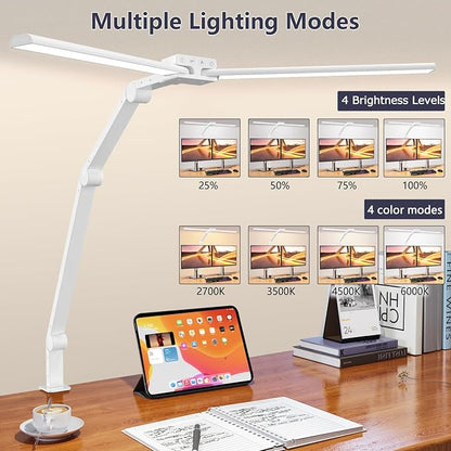 KableRika Desk Lamp,Double Head Desk Lamp with Clamp,24W Led Desk Lights for Home Office Ultra Bright Architect Table Lamp 4 Brightness 4 Color,Auto Dimming Task Lamp for Monitor Work Study White