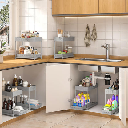 3 Pack Under Sink Organizers, 2-Tier Multi-Use Kitchen and Bathroom Organizers and Storage with Sliding Drawers，Bathroom Cabinet Organizer (Black, 12.8 Inch)