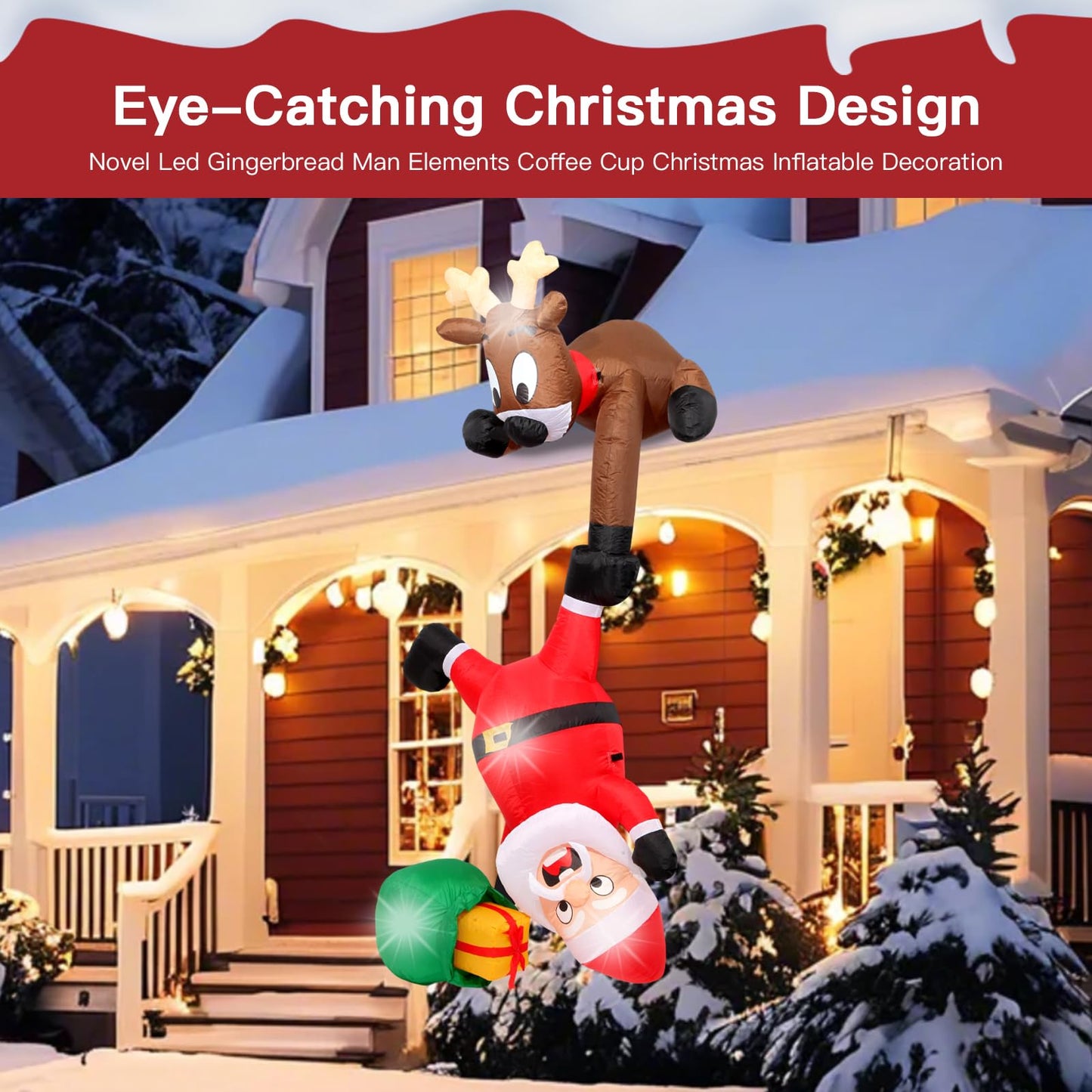 8FT Hanging Christmas Inflatables Decorations Outdoor，Blow Up Christmas Reindeer and Climbing Santa Claus with Built-in LEDs Lights for Indoor Holiday Party Yard Garden Lawn Décor