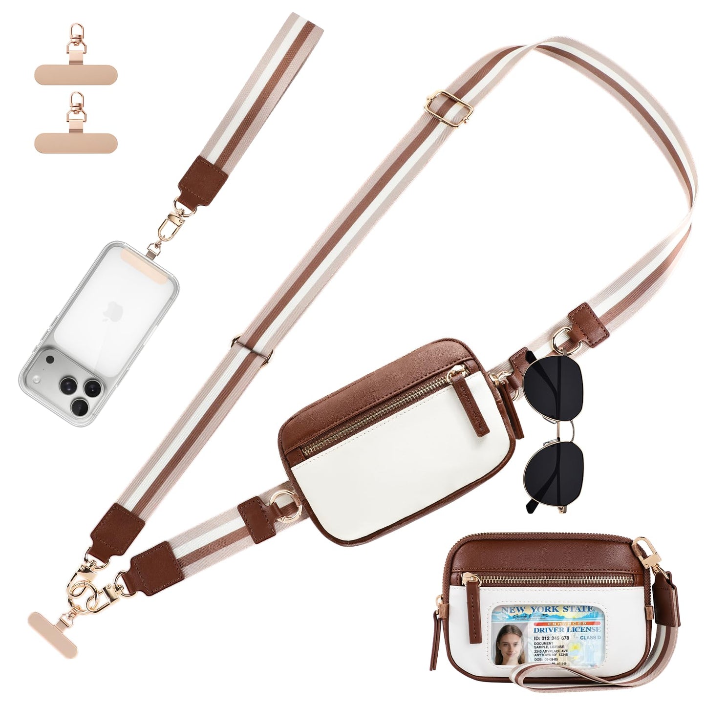 Poaivel Clip and Go Strap For Phone with Leather Wallet Crossbody, Adjustable Phone Lanyard with Slim Detachable RFID Wristlet Wallet and 2 Phone Wrist Strap, For Daily Life & Travel, Coffee Brown