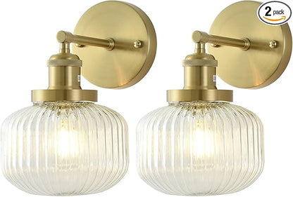 Vintage Wall Sconces with Clear Pumpkin Glass Lampshade, Indoor Bath-Room Wall Sconce, Modern Gold Industrial Lighting Fixture for Mirror Living Room Hallway 2 Pack
