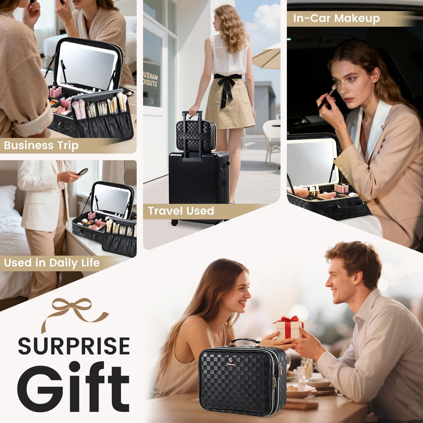 Makeup Bag with LED Lighted Mirror 12.2 IN Cosmetic Train Case Double Layer Makeup Case Adjustable Brightness in 3 Colors Cosmetic Organizer Artist Storage with Brush Holder Vanity Black Checkerboard