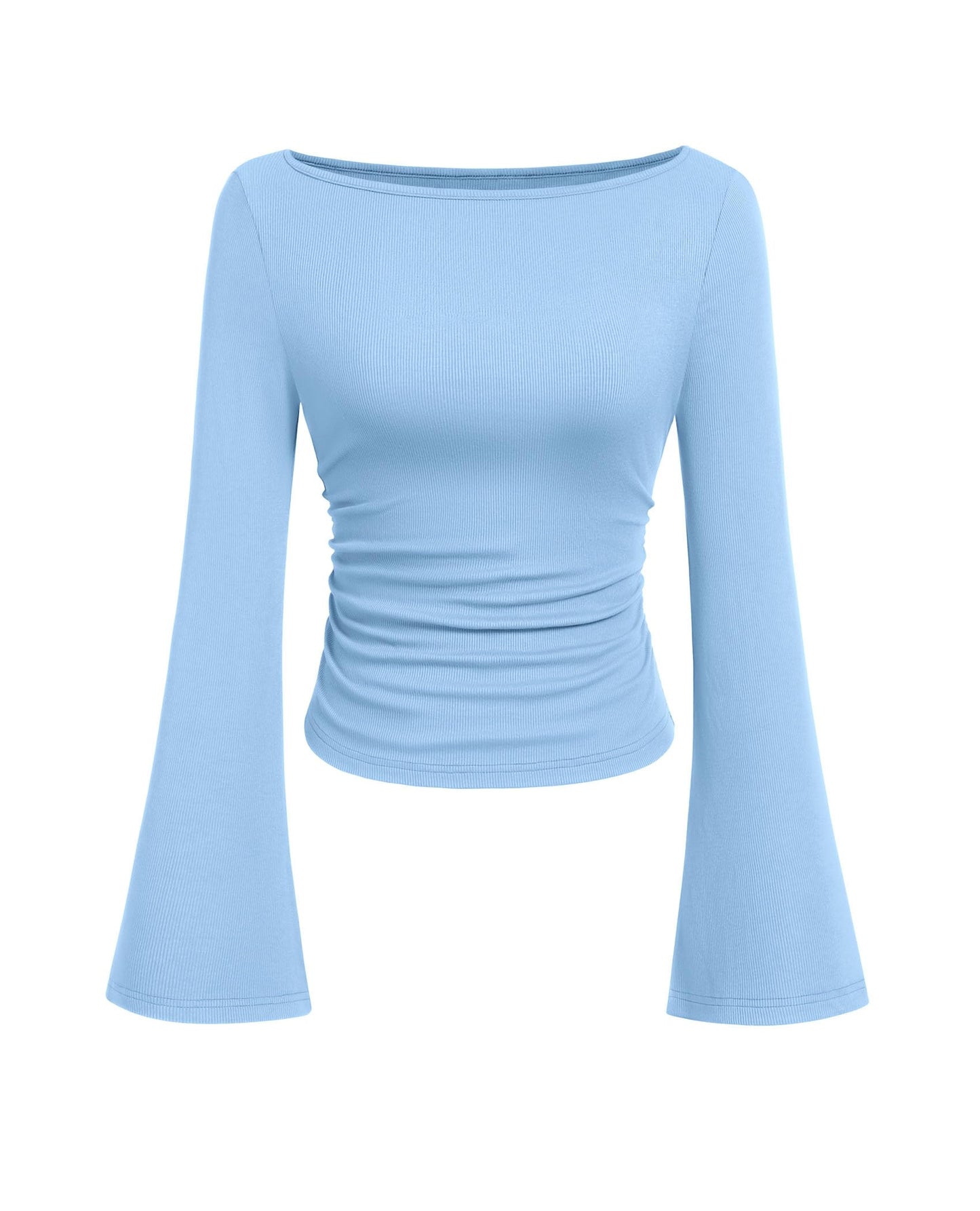 PRETTYGARDEN Women's Long Sleeve Shirts 2025 Fall Crop Going Out Tops Casual Boat Neck Bell Sleeve Ribbed Ruched Y2K Clothes