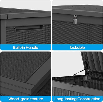 320 Gallon Waterproof Large Resin Deck Box Indoor/Outdoor Lockable Storage Container and Seating for Garden, Pool, and Patio (320 Gallon, Black)