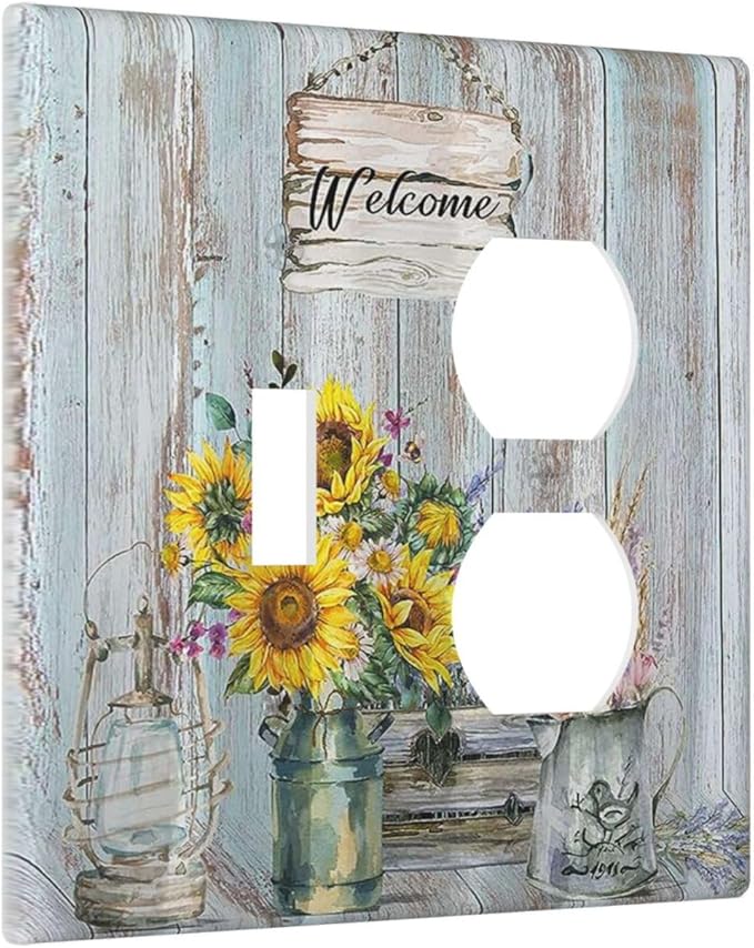 Decorative Light Switch Cover Plate Country Flower Vintage Wood Board Sunflower Butterfly 2 Gang Outlet Covers 1 Toggle 1 Duplex Wall Plate Decorate Electrical Switch Plate Covers for Bathroom Home