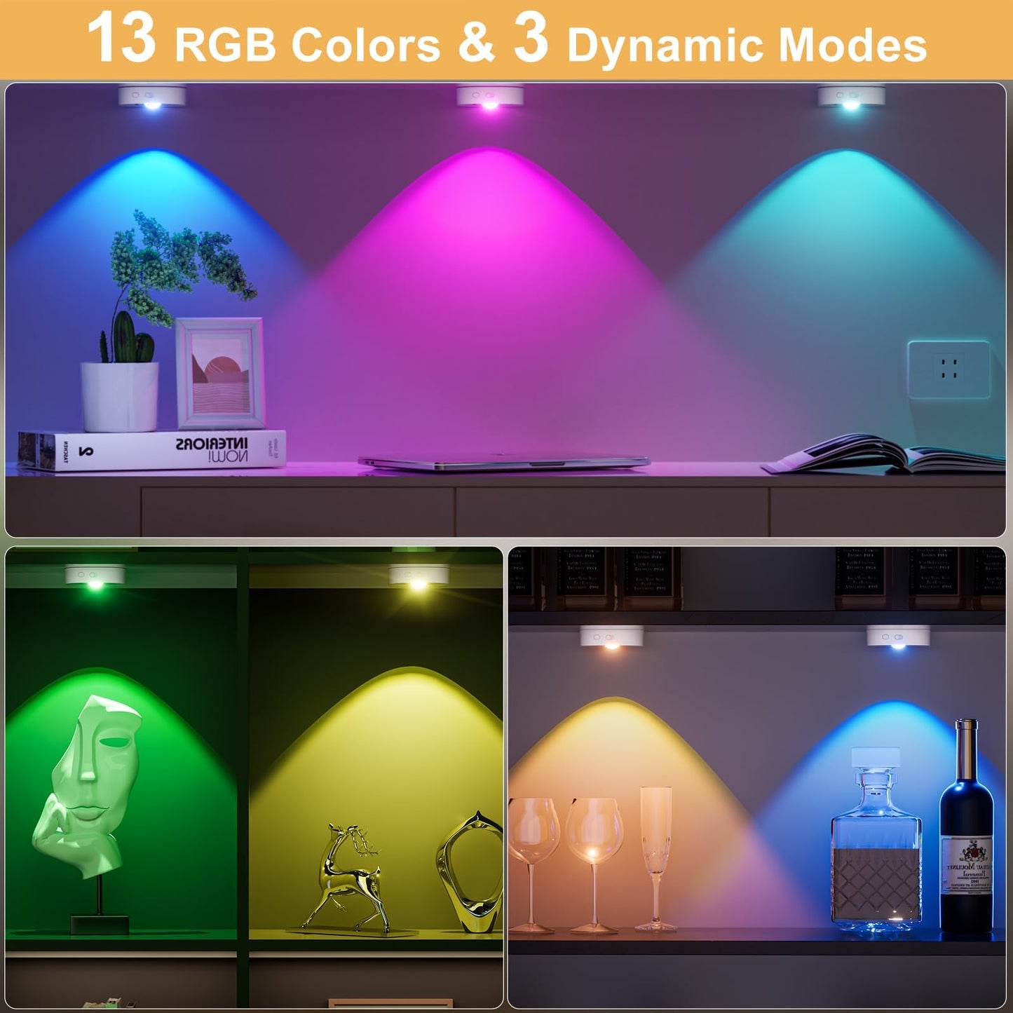 Under Cabinet Lighting, 1500mAh Rechargeable Puck Lights with Remote,13 RGB Colors, Magnetic Stick on Light, Dimmable Wireless Tap Light for Kitchen, Shelf, Pantry(White 6 Pack)