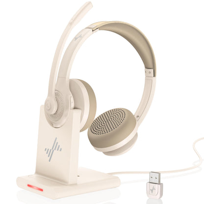 Wireless Headset with AI Noise Cancelling Microphone Bluetooth Headset - Bluetooth V5.2 Headphones with USB Dongle, Charging Base & Mic Mute for Computer/Laptop/PC/iPhone/Android/Cell Phones-White