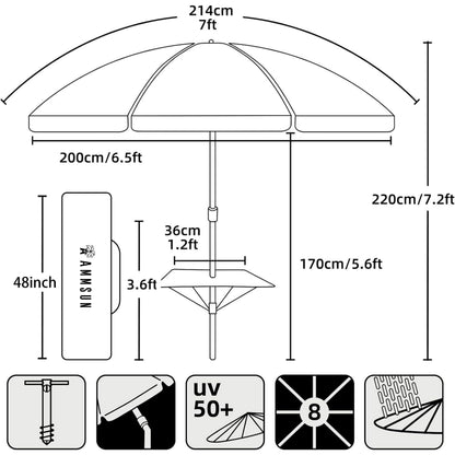 AMMSUN 7ft Heavy Duty High Wind Beach Umbrella with sand anchor, Built-in Table Tray Vent Tilt Pole, UPF 50+ Windproof Portable Outdoor Umbrellas Carry Bag for Patio Garden Pool Backyard stripe