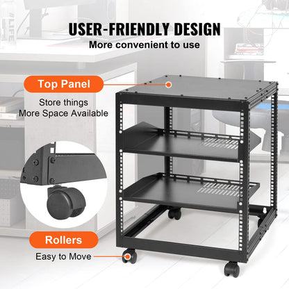 VEVOR 12U Open Frame Server Rack, 23''-40'' Adjustable Depth, Free Standing or Wall Mount Network Server Rack, 4 Post AV Rack with Casters, Holds All Your Networking IT Equipment AV Gear Router Modem