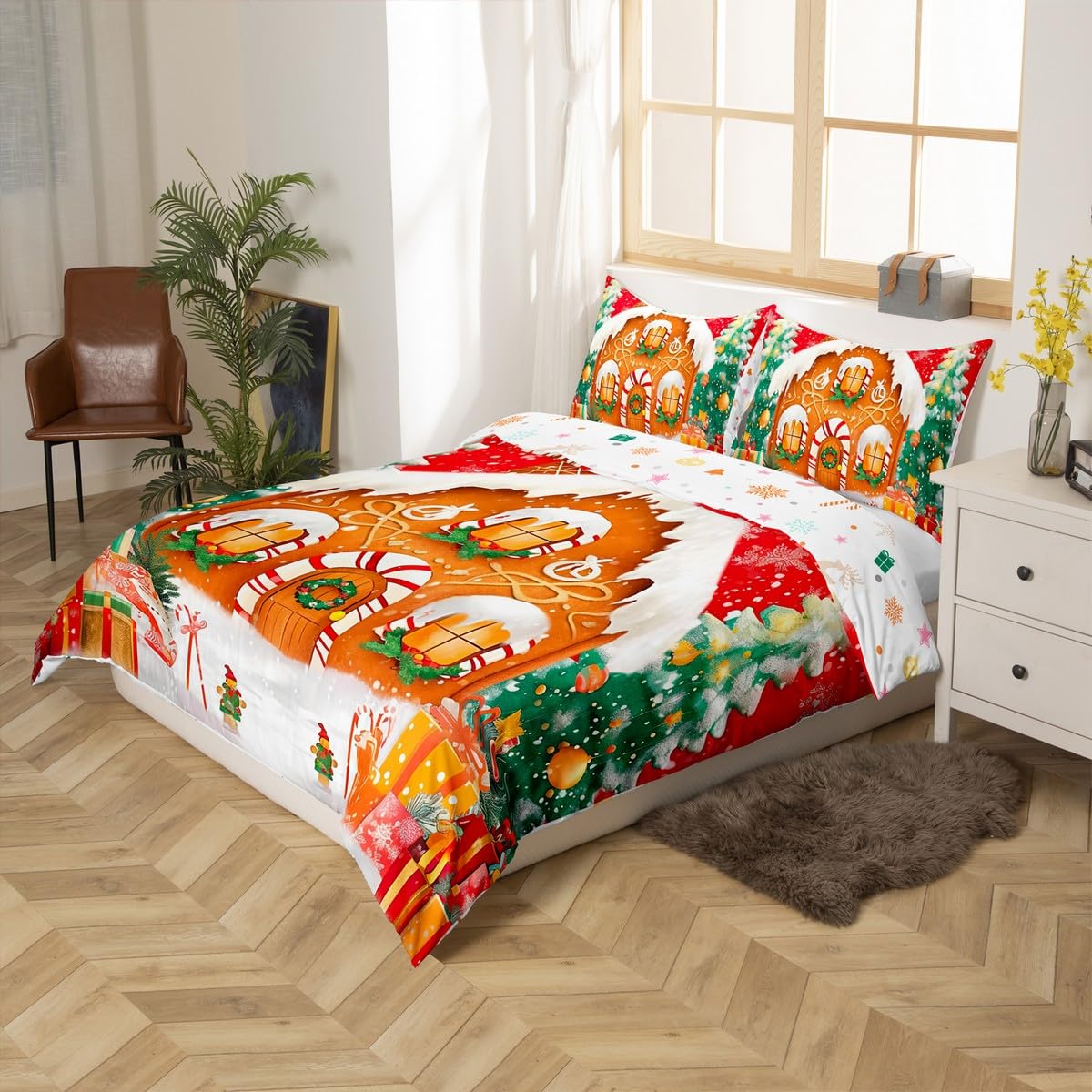 Feelyou Red Christmas Duvet Cover Full Size Kids Candy House Bedding Set Boys Girls Candyland Theme Christmas Wonderland Pine Comforter Cover Set Xmas Tree Happy New Year Bedspread Cover(No Comforter)