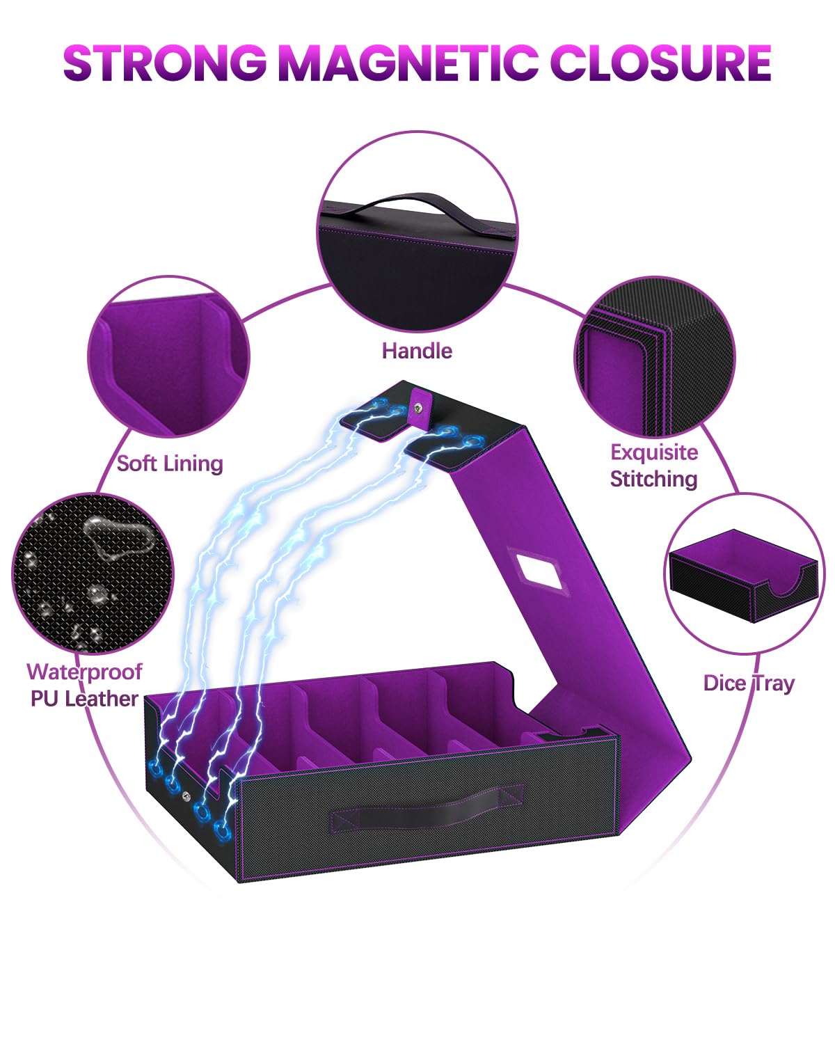 Trading Card Storage Box, 5 Row Card Deck Case with Commander Display & Portable Handle, 4200+ Card Deck Boxes Compatible for MTG TCG Magic Cards, 30 Divider, 8 Supporters, 1 Dice Tray(Black & Purple)