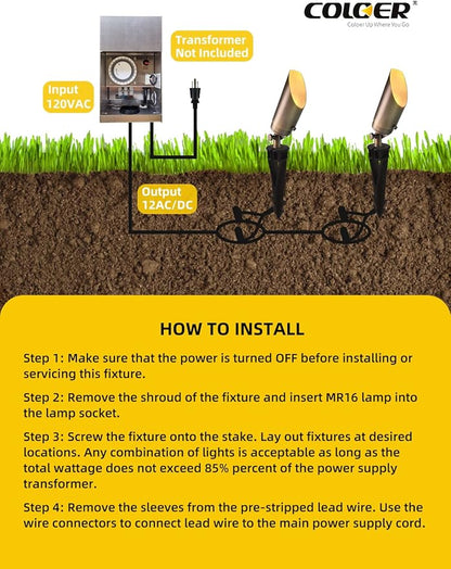COLOER Die-cast Brass Landscape Spot Lights Outdoor, 12V AC/DC Low Voltage Landscape Spotlights, IP65 Waterproof Outdoor Lighting Fixture(103B, Bronze,1-Pack Without Bulb)