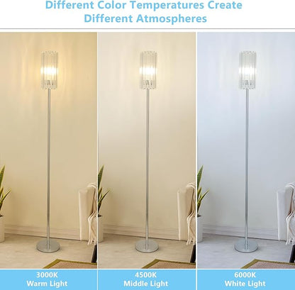 HMVPL Chrome Floor Lamp for Living Room, Modern Pole Floor Lamp for Bedroom with K9 Crystal Shade, Silver Standing Lamp for Corner with On/Off Switch,Elegant Tall Lamp for Nursery Kids Girls Room Home