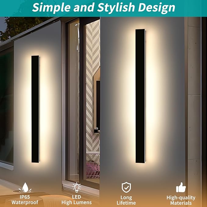 Mikeru 3CCT Dimmable Outdoor Wall Sconce 57" IP65 Waterproof - 2Pack Modern Black Exterior Light with Remote Control, Adjustable 3000K/4500K/6000K for Porch, Patio & Commercial Spaces | Hardwired