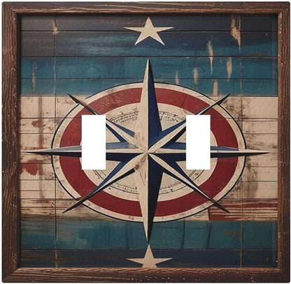 Decorative Art Light Switch Covers Nautical Rustic Star Emblem 2 Gang Double Toggle Wall Plate Decorative Switchcover Electrical Switchplate for Home Decor