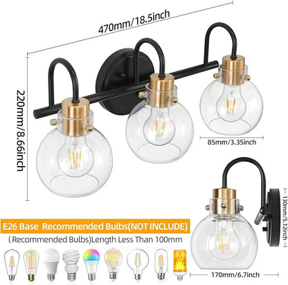 3 Lights Bathroom Light, Black Gold Vanity Light Fixture, Wall Sconces with Globe Clear Glass Shade, Farmhouse Wall Mount Lamp for Mirror, Kitchen, Porch, Living Room, Workshop
