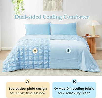 Cozy Bliss Cooling Comforter King Size Seersucker Plaid, Q-Max 0.4 Reversible Lightweight Cooling Blanket, Breathable Silk Smooth Summer Bedding Quilt for Hot Sleepers Night Sweats Blue