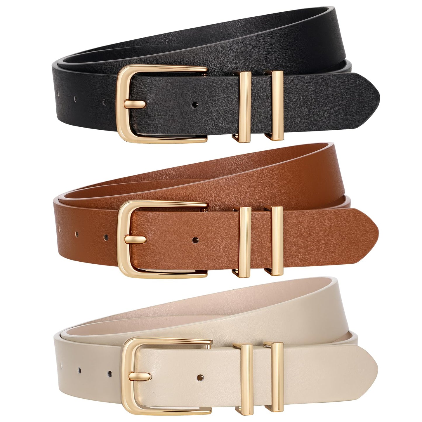 VONMELLI 3 Pack Women's Belts for Jeans Pants Fashion Gold Buckle Ladies Dress Belt, Black+Brown+Beige S