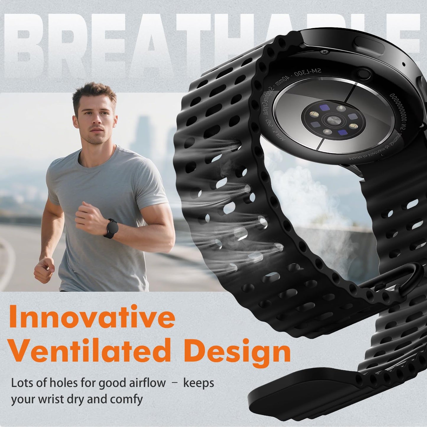 Sport Band for Samsung Galaxy Watch 7 5 4 6 FE 44mm 40mm/for Galaxy Watch 6/4 Classic 47mm 43mm 46mm 42mm/Watch 5 Pro 45mm, No Gap Breathable Soft Silicone Strap 20mm Replacement Men Women, Black