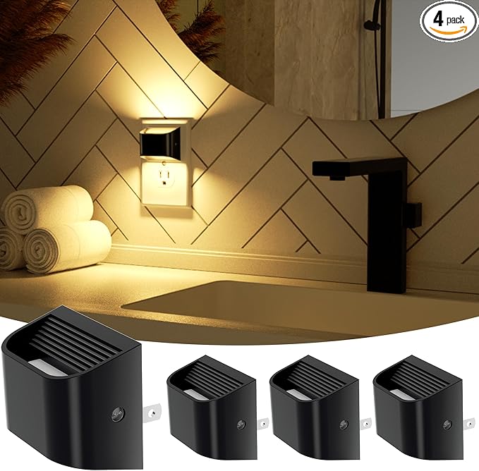 VOLISUN Night Lights Plug into Wall, 4 Pack Up and Down LED Night Light with Dusk to Dawn Light Sensor, 3000K Warm White Nightlight for Hallway, Bedroom, Bathroom, Kitchen Black