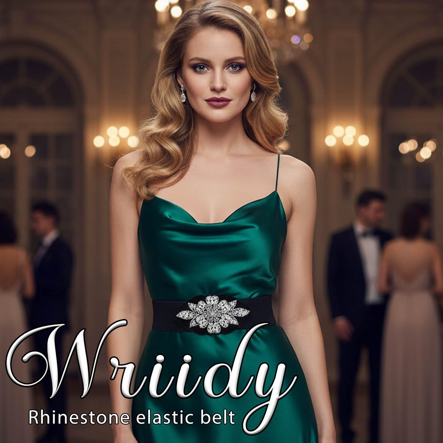 Wriidy Black Stretch Belt Rhinestone Flower Wide Women Belts Crystal Fashion Large Waist Belt for Dress