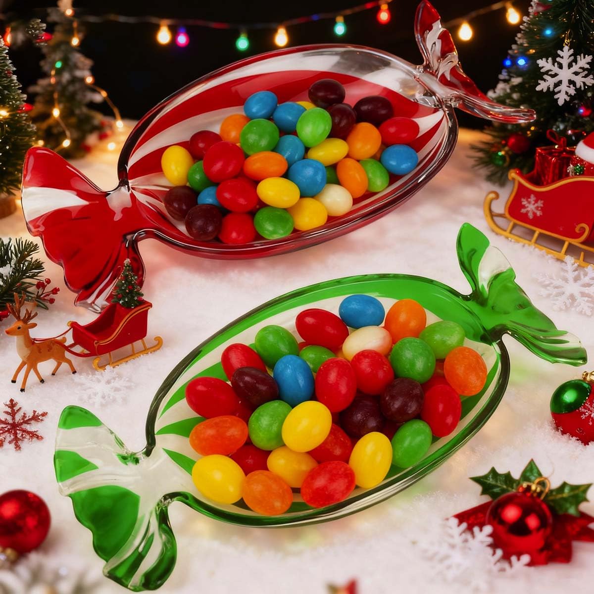 Gkesgm Christmas Red & Green Set Crystal Glass Candy Platter Dish Serving Dessert Christmas Dinnerware Tray Decorative for Xmas Holiday Party