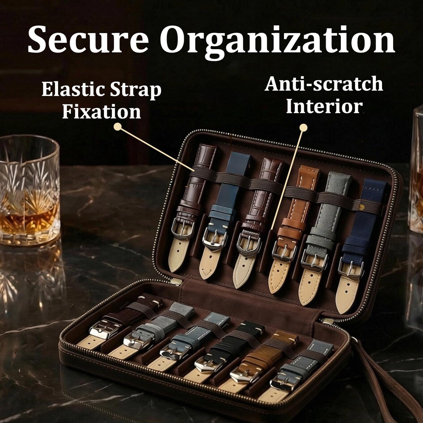 Yeedonzo Leather Watch Band Case, 12 Slot Portable Organizer for Watch Straps, Watches Strap Storage Organizer Compatible with Most Watch Bands