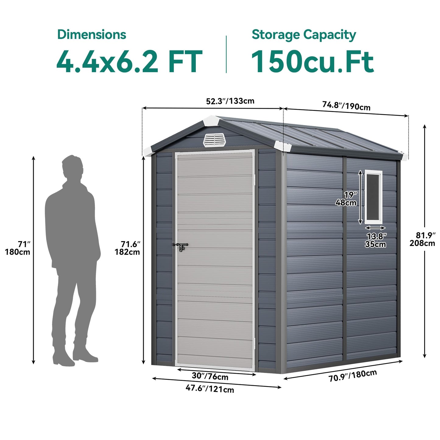 YITAHOME 4.4x6FT Resin Storage Unit sans Flooring, All-Weather Plastic Shed with Window, Vents and Secured Doors, Outdoor Plastic Tool Cabin for Poolside, Lawn, Backyard, Patio, Dark Gray