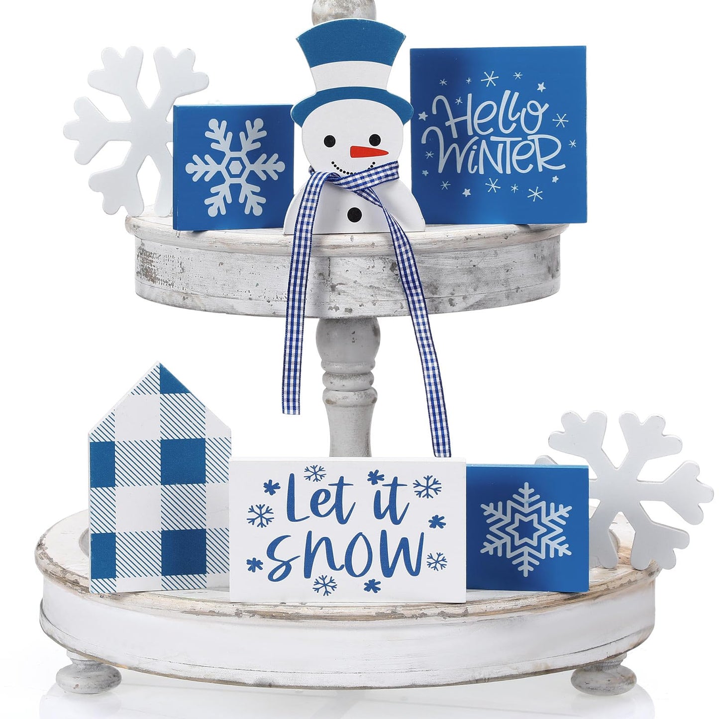 Sawysine 8 Pieces Winter Tiered Tray Decor, Let It Snow Sign Decor Farmhouse Snowflake Wooden Signs for Holiday Shelf Kitchen Coffee Bar(Dark Blue, White)