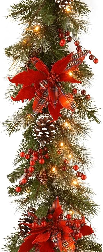 National Tree Company Pre-Lit Artificial Christmas Garland, Green, Evergreen, White Lights, Decorated With Plaid Bows, Berry Clusters, Pine Cones, Plug In, Christmas Collection, 9 Feet