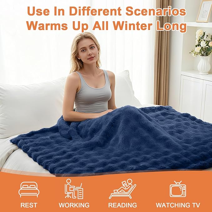 Heated Blanket Electric Throw Blanket 84''X 90''-Heating Blanket with 6 Heat Settings-10 Hours Auto Off,Cozy Faux Rabbit Fur Bubble Electric Blanket,Navy Blue