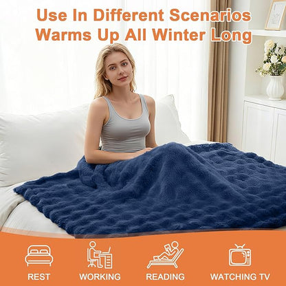 Heated Blanket Electric Throw Blanket 62''X 84''-Heating Blanket with 6 Heat Settings-10 Hours Auto Off,Cozy Faux Rabbit Fur Bubble Electric Blanket,Navy Blue