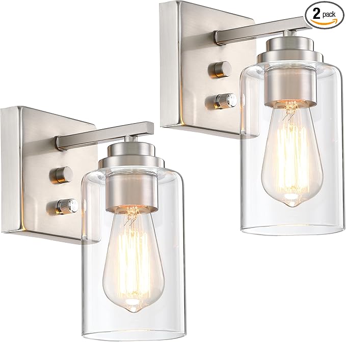 Pia Ricco Wall Sconces Set of 2, Bedside Wall Lamp with Switch for Bedroom, Modern Bathroom Light Fixture with Clear Glass Shade, Brushed Nickel Sconces Wall Lights for Living Room, Hallway, Kitchen