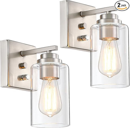 Pia Ricco Wall Sconces Set of 2, Bedside Wall Lamp with Switch for Bedroom, Modern Bathroom Light Fixture with Clear Glass Shade, Brushed Nickel Sconces Wall Lights for Living Room, Hallway, Kitchen
