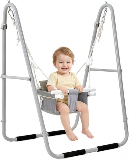 FUNLIO Baby Swing Set for Toddlers 6-36 Months, Foldable & Portable Swing for Indoor & Outdoor, Heavy Duty Metal Frame, Includes 2 Weight Bags & 4 Anti-Slip Pads, Easy to Assemble & Store – Gray