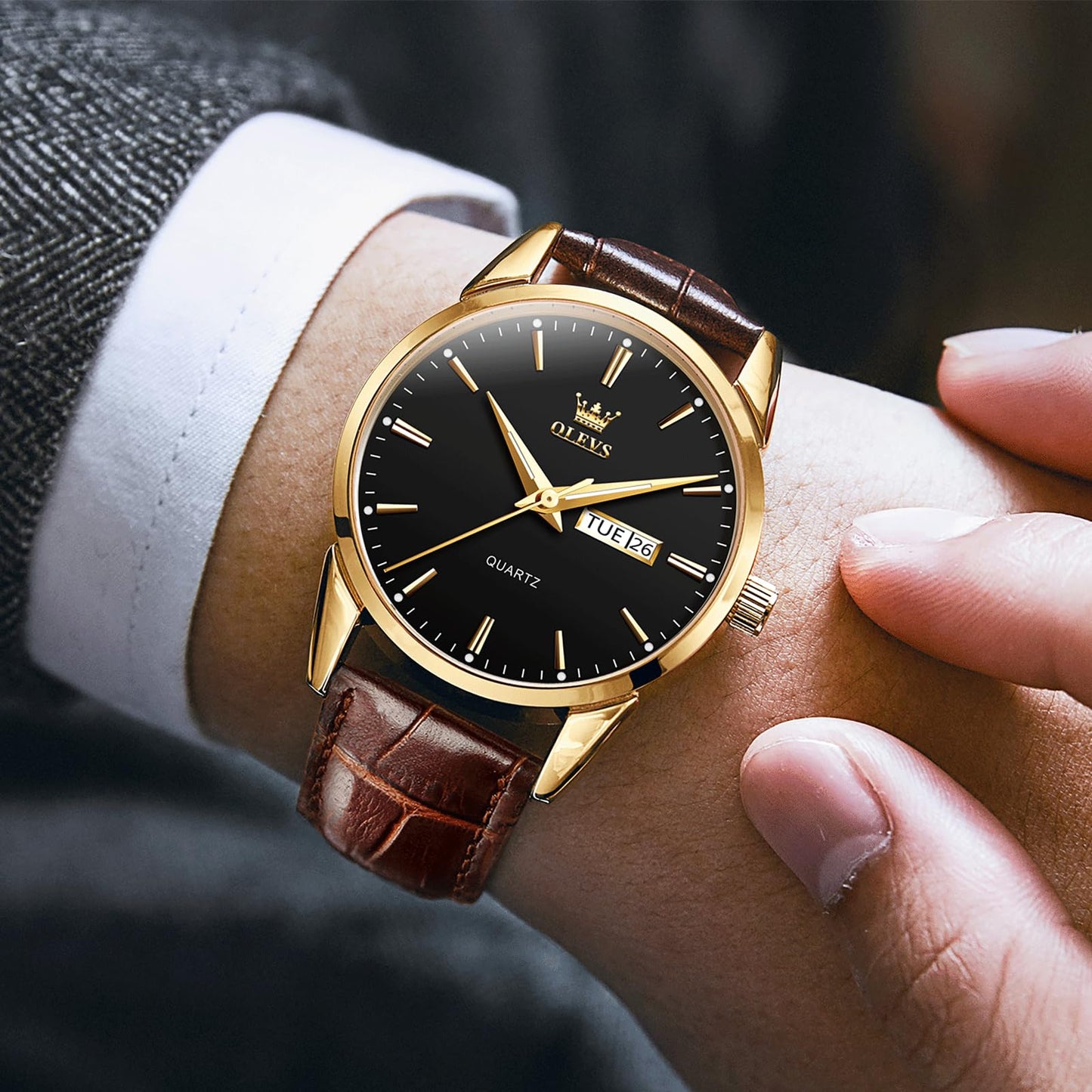 QBAIZI Mens Gold Watches Brown Leather Band Analog Dress Wristwatch for Men Black Face Luxury Male Watch with Day Date Easy to Read Vintage Men's Wrist Watches Waterproof Luminous Reloj para Hombre