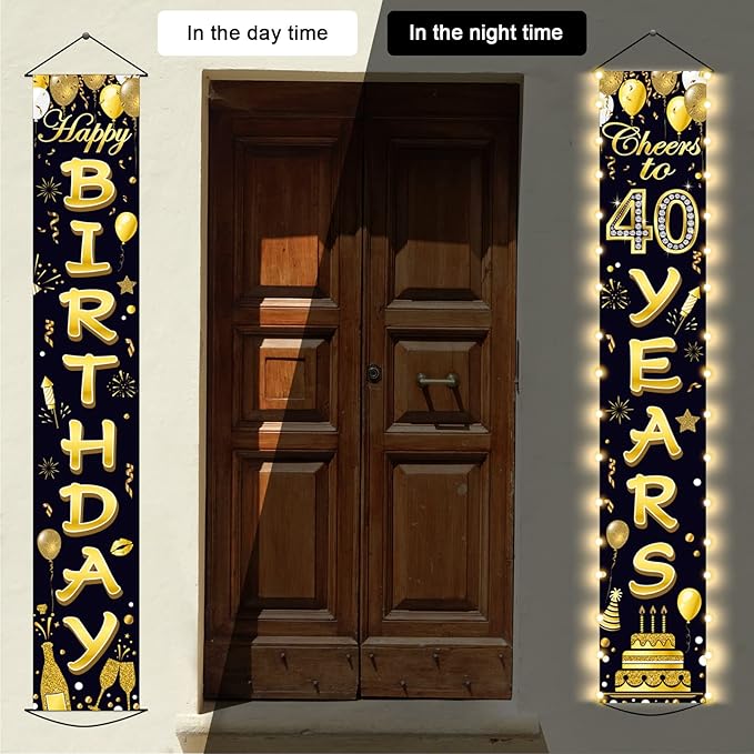40th Birthday Party Banner Lighted Decorations for Women Men 40 Year Old Lighted Door Banners Black Gold Cheers to 40 Years 1985 Birthday Party Supplies Porch Sign with LED Light for Outside Decor