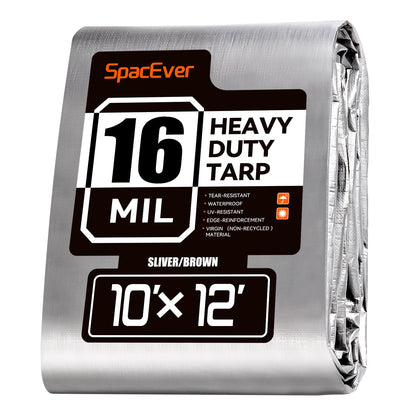 SpacEver 10x12 FT Tarp Waterproof, 16 Mil Tarps Heavy Duty Waterproof Multipurpose Protective Cover UV Resistant Rip & Tear Resistant with Grommets Reversible for Home Boats Cars Camping