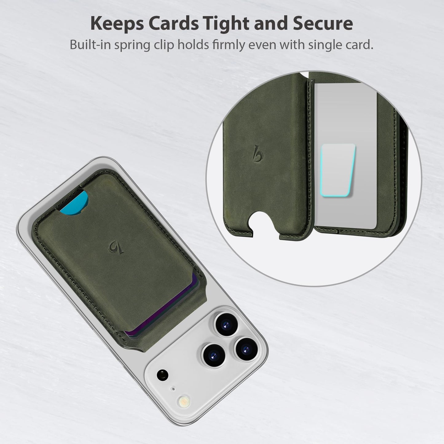 Belemay Strong Magnetic Wallet for MagSafe with Adjustable Stand, Crazy Horse Leather Card Holder, Up to 5 Cards, RFID Blocking, Slim for iPhone 17/16/15/14/13/12 Series Men & Women - Pine Green