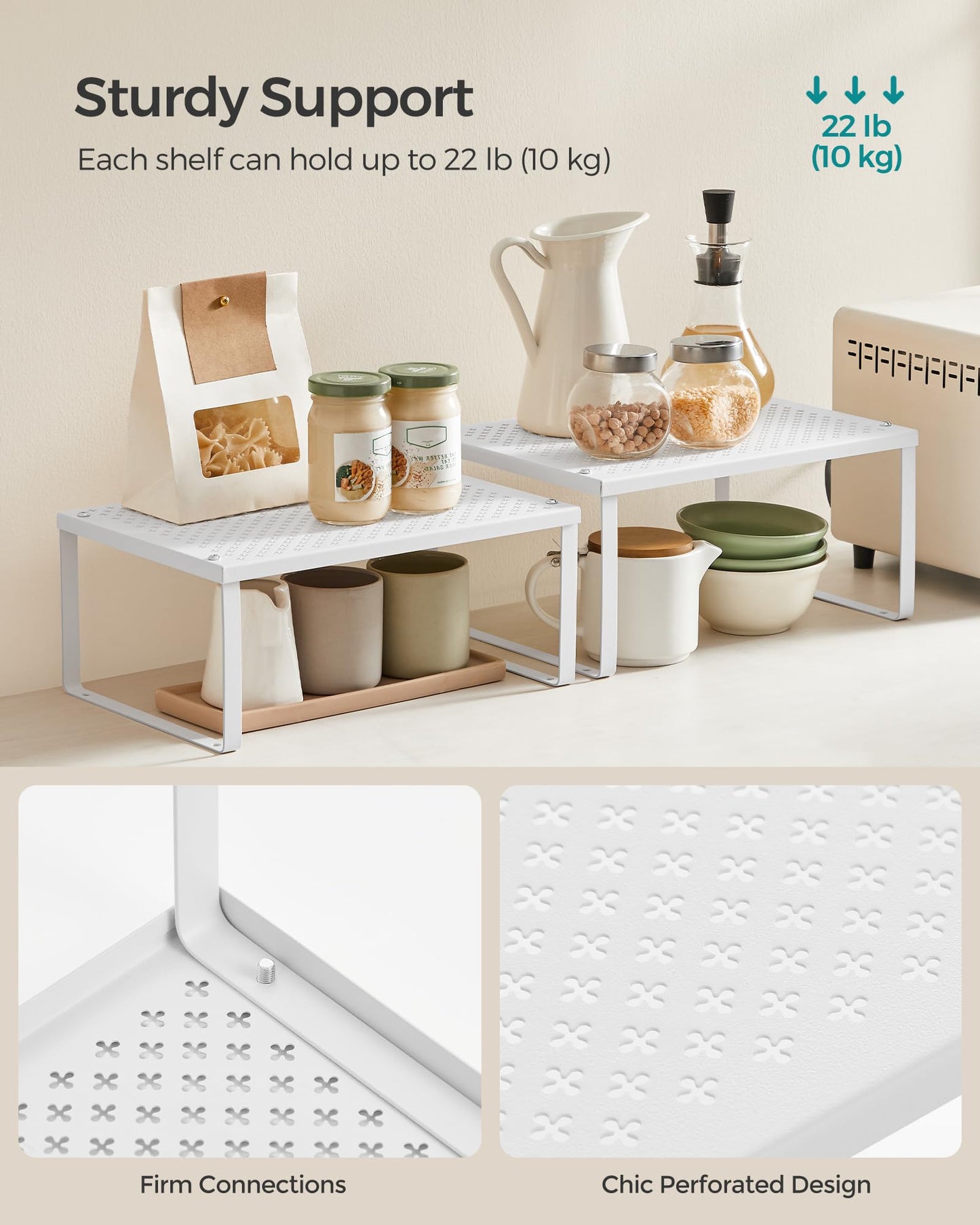 SONGMICS Spice Racks, Set of 2 Metal Cabinet Shelf Organizers, Countertop Organizers, Shelf Risers, Stackable, Expandable, Silver UKCS01SV