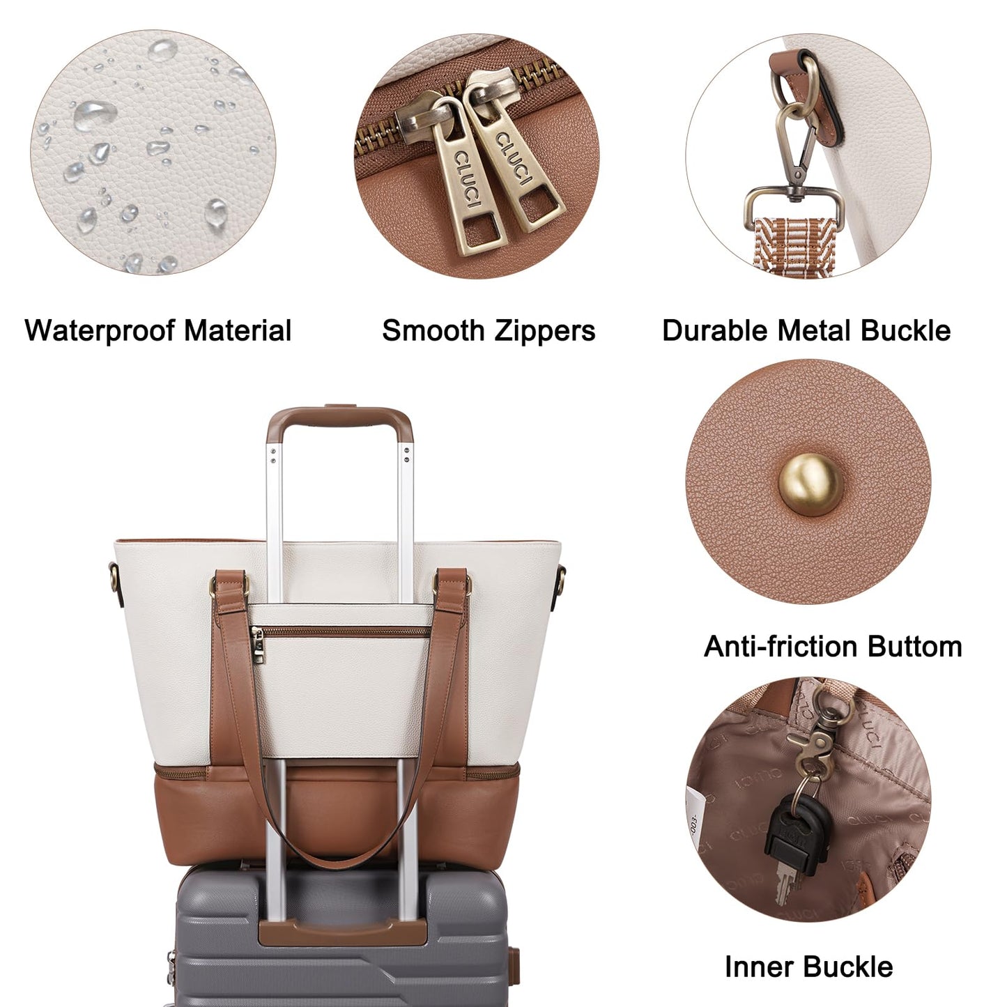 CLUCI Travel Leather Duffel Bag Weekender Bag for Women Carry on Overnight Bag Beige with Brown