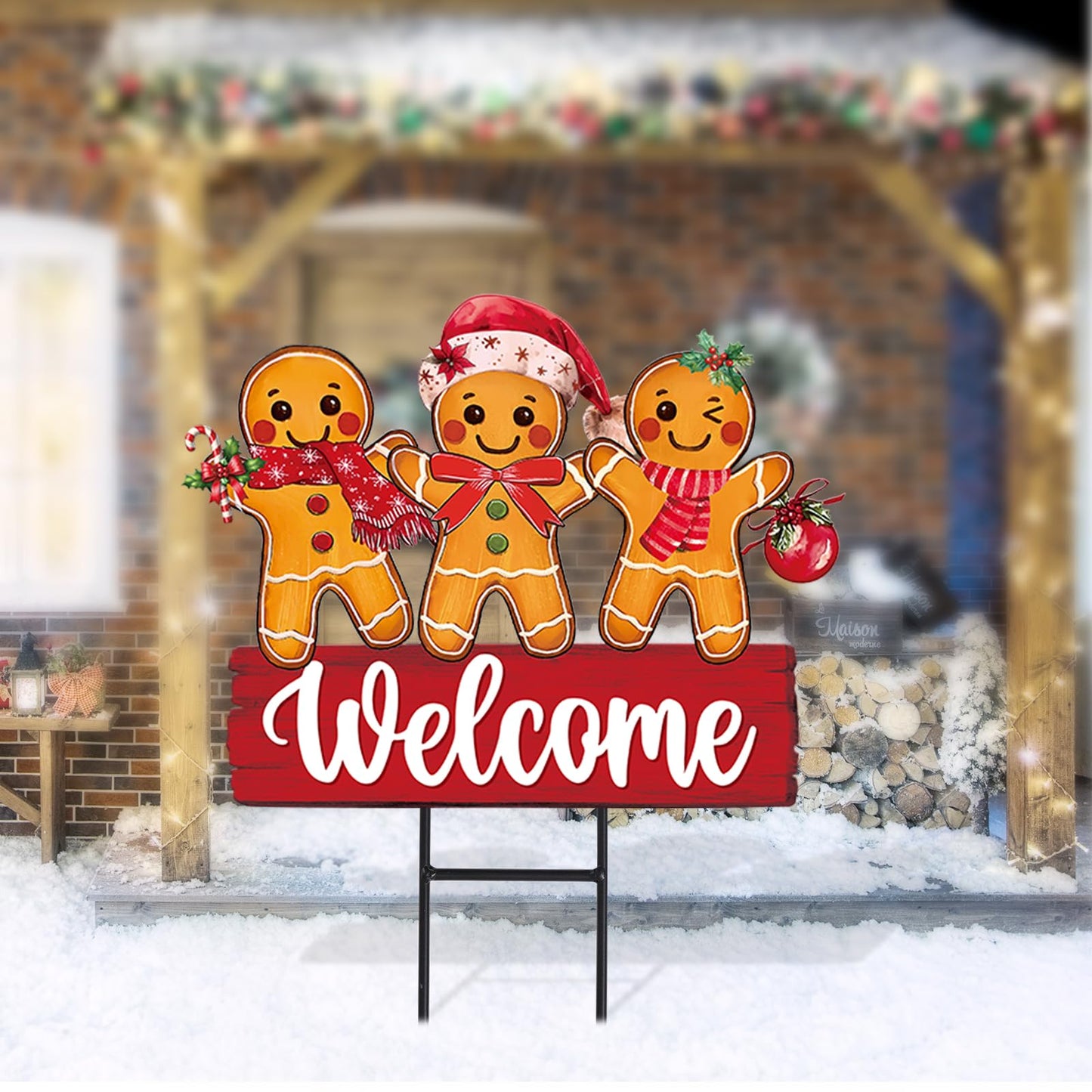 Whaline Christmas Metal Garden Stake Welcome Yard Sign Gingerbread Man Decorative Lawn Sign for Xmas Winter Holiday Home Outside Lawn Porch Walkway Decors