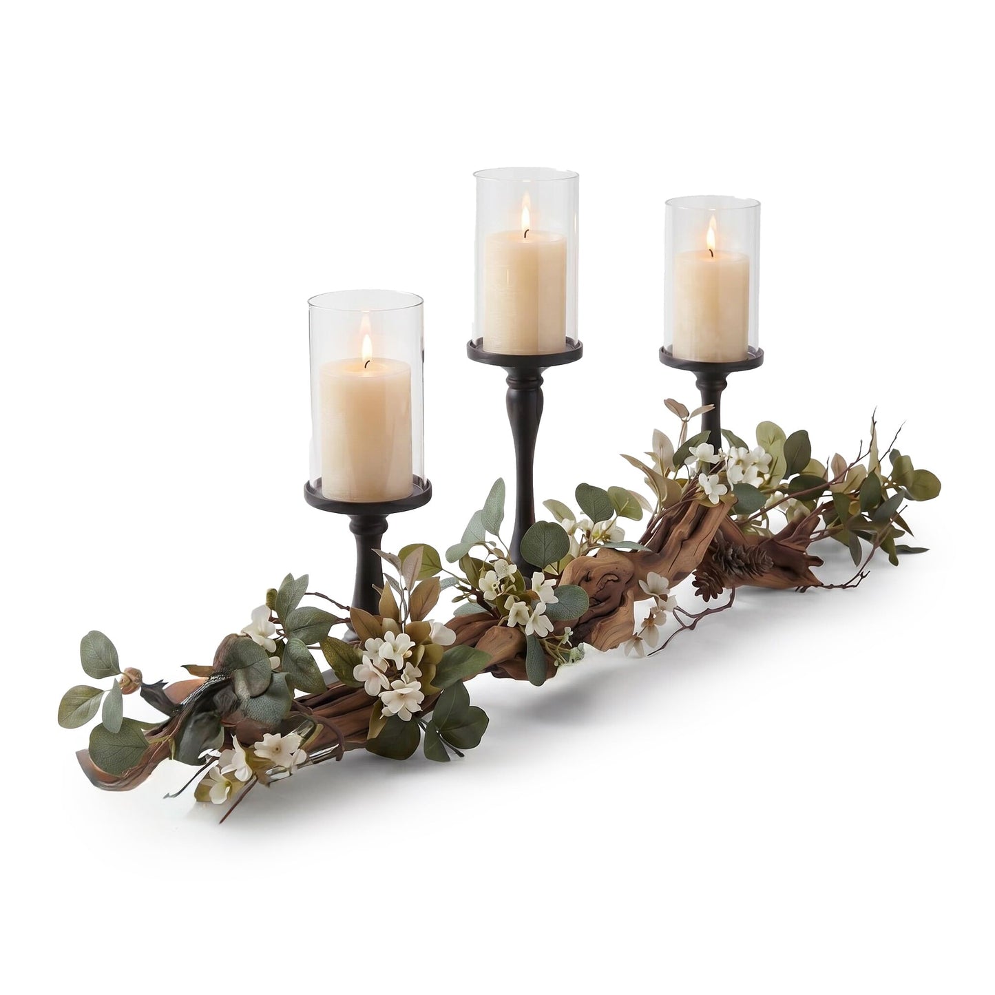 Eucalyptus Table Centerpiece with Candle Holders, Farmhouse Greenery Decor Black