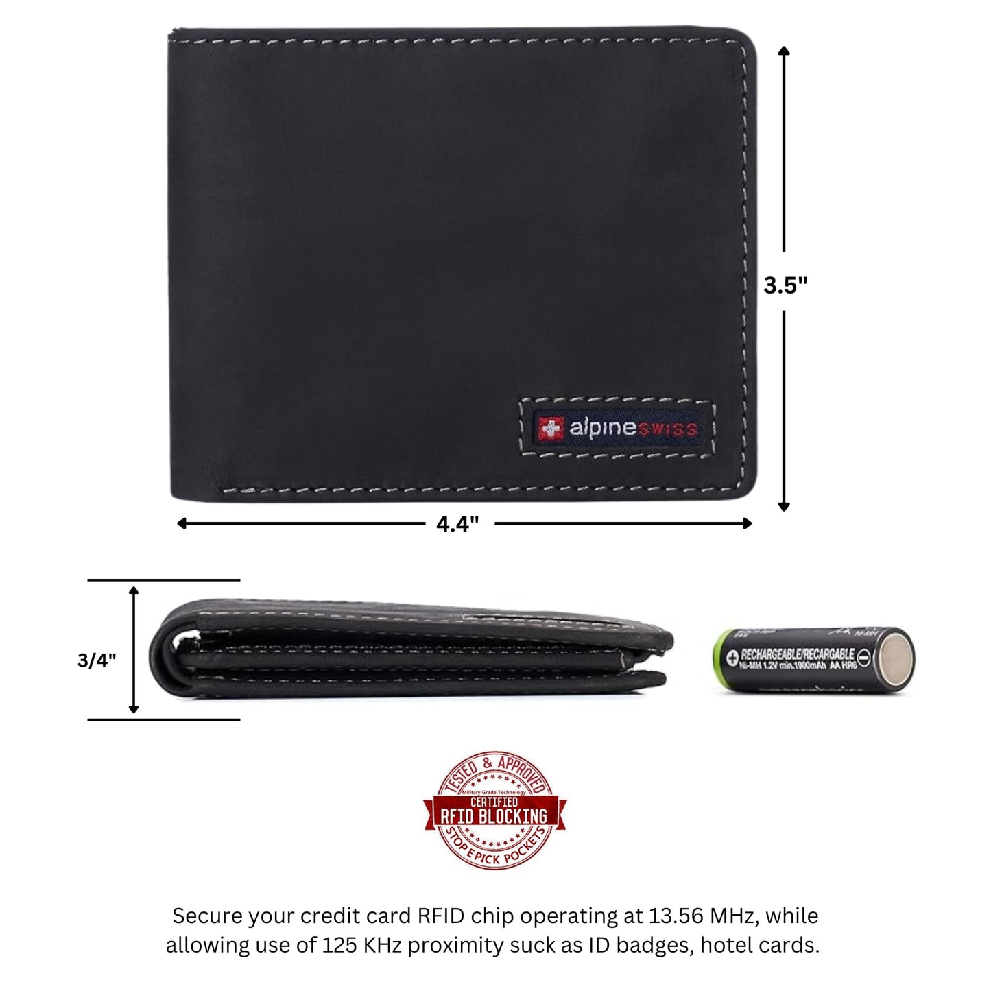 Alpine Swiss Mens Wallet for Men | RFID Protected Leather Mens Wallet | Spencer Bifold with Divided Bill Section | Gift Box | 2 ID Windows | 14 Card & Storage Pockets for Organization Nubuck Black