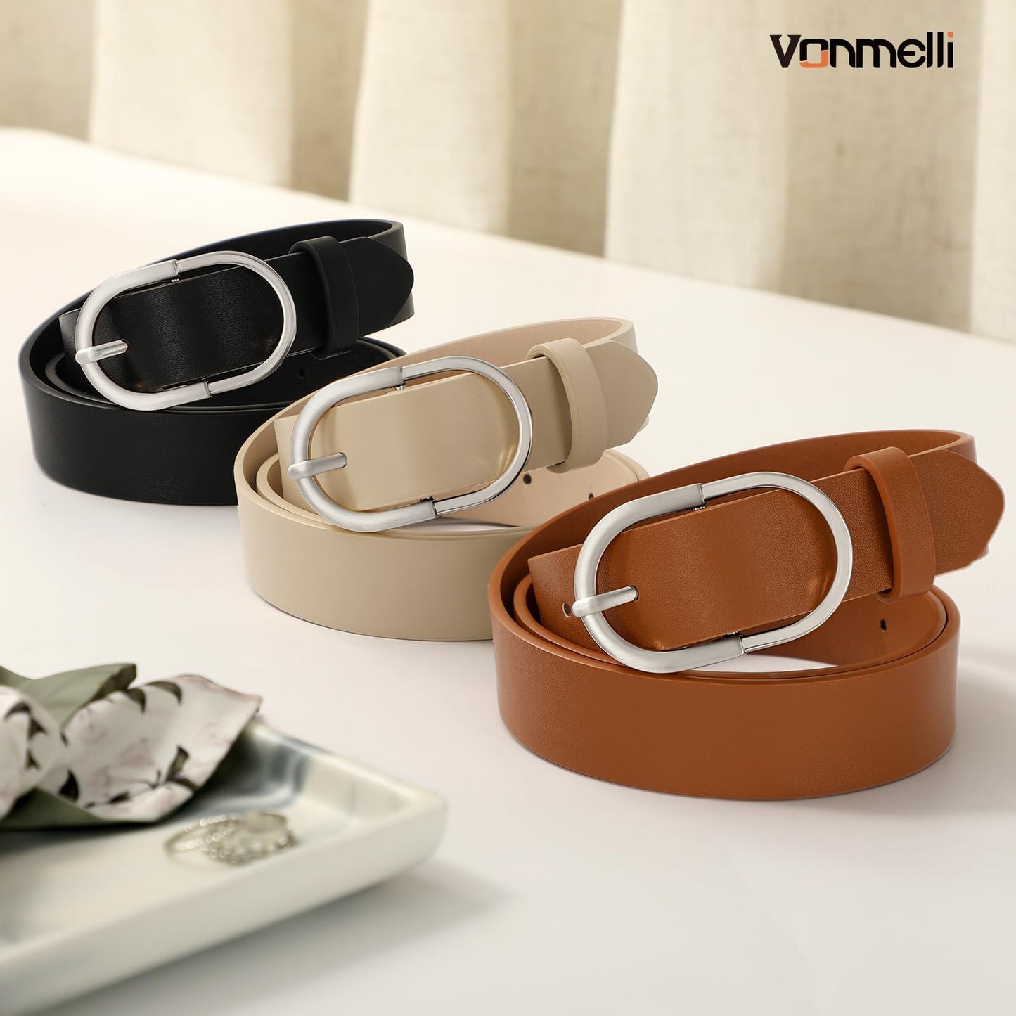 VONMELLI 3 Pack Women's Belts for Jeans Pants Fashion Silver Buckle Ladies Dress Belt Black Brown Beige M