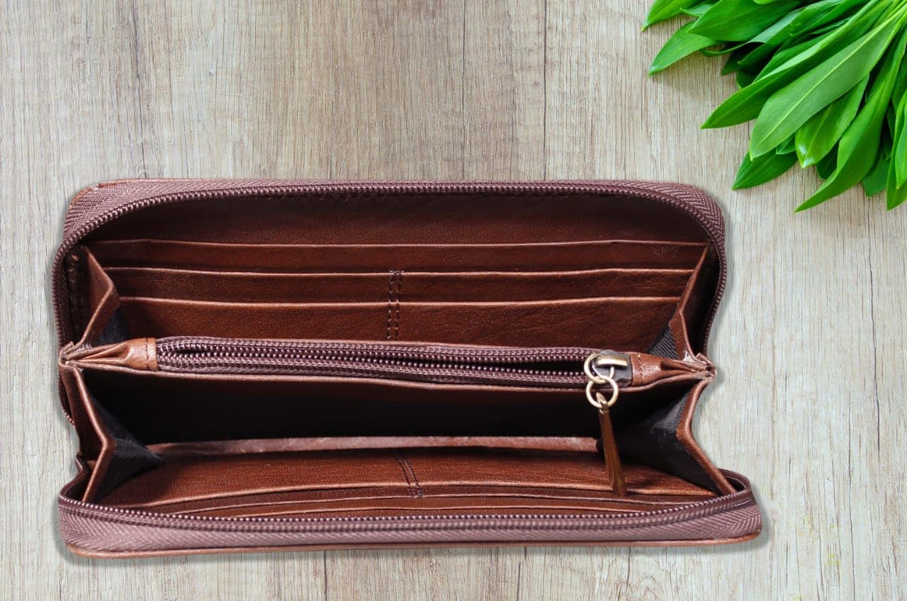 Leather Wallet for Women, Bifold Card Holder, Zipper Clutch, Brown Elegant Purse, Genuine Cowhide