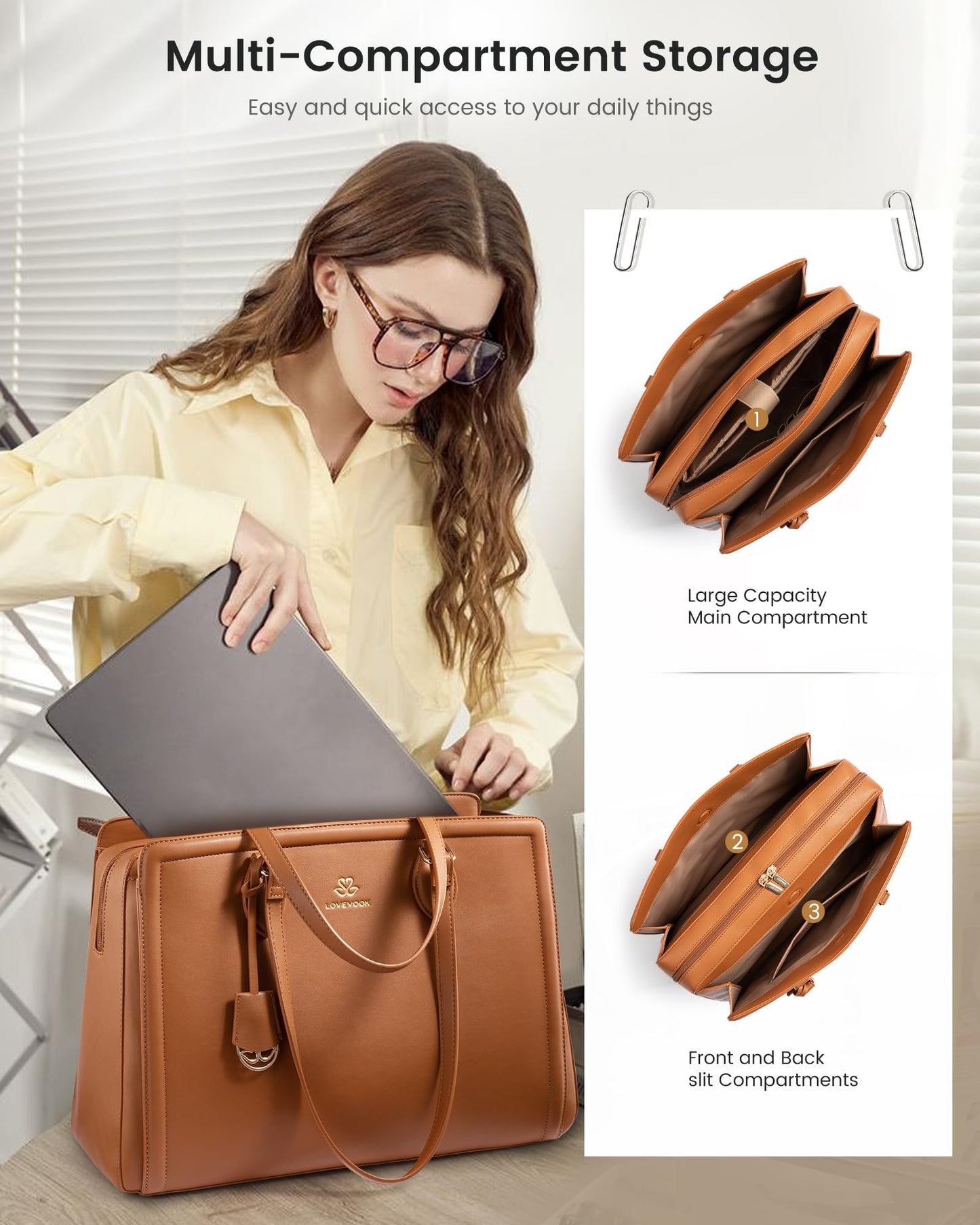 LOVEVOOK Laptop Tote Bag for Women,17.3 Inch Waterproof PU Leather Work Bag, Professional Computer Bags Business Office Work Briefcase Handbag Purse Shoulder, Office Gifts for Women, Brown