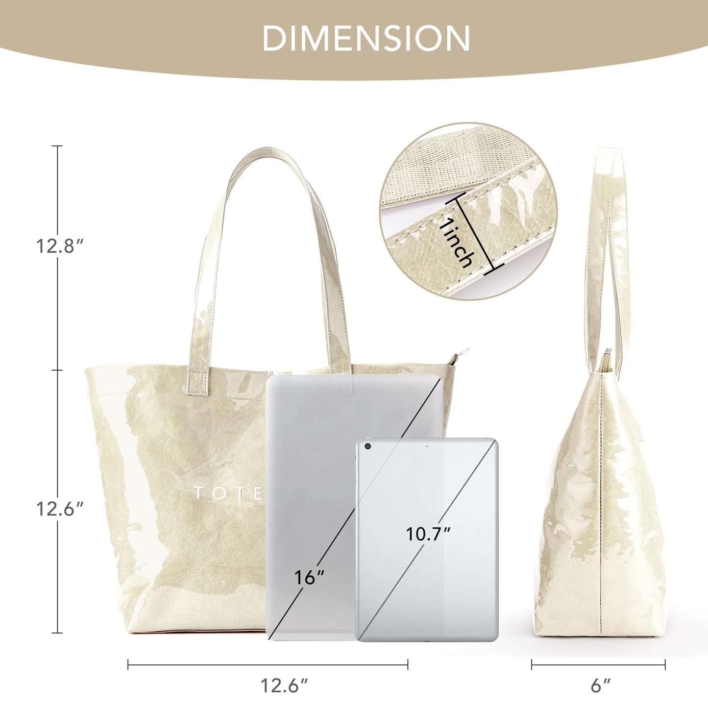 KALIDI PVC Zipper Tote Bag, Jelly Kraft Paper Beach Bag Large Hobo Carry All Travel Shopping Handbag Plastic Shoulder Bag (Beige)