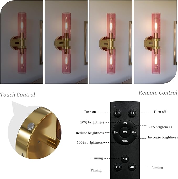 Rechargeable Battery Wall Sconce Set of Two, 8000mAh Cordless, Dimmable, Timer, Remote, Touch Control, USB-C Charging for Living Room, Bedroom Gold with Wine Red Lampshade (Include 4 Special Bulbs)